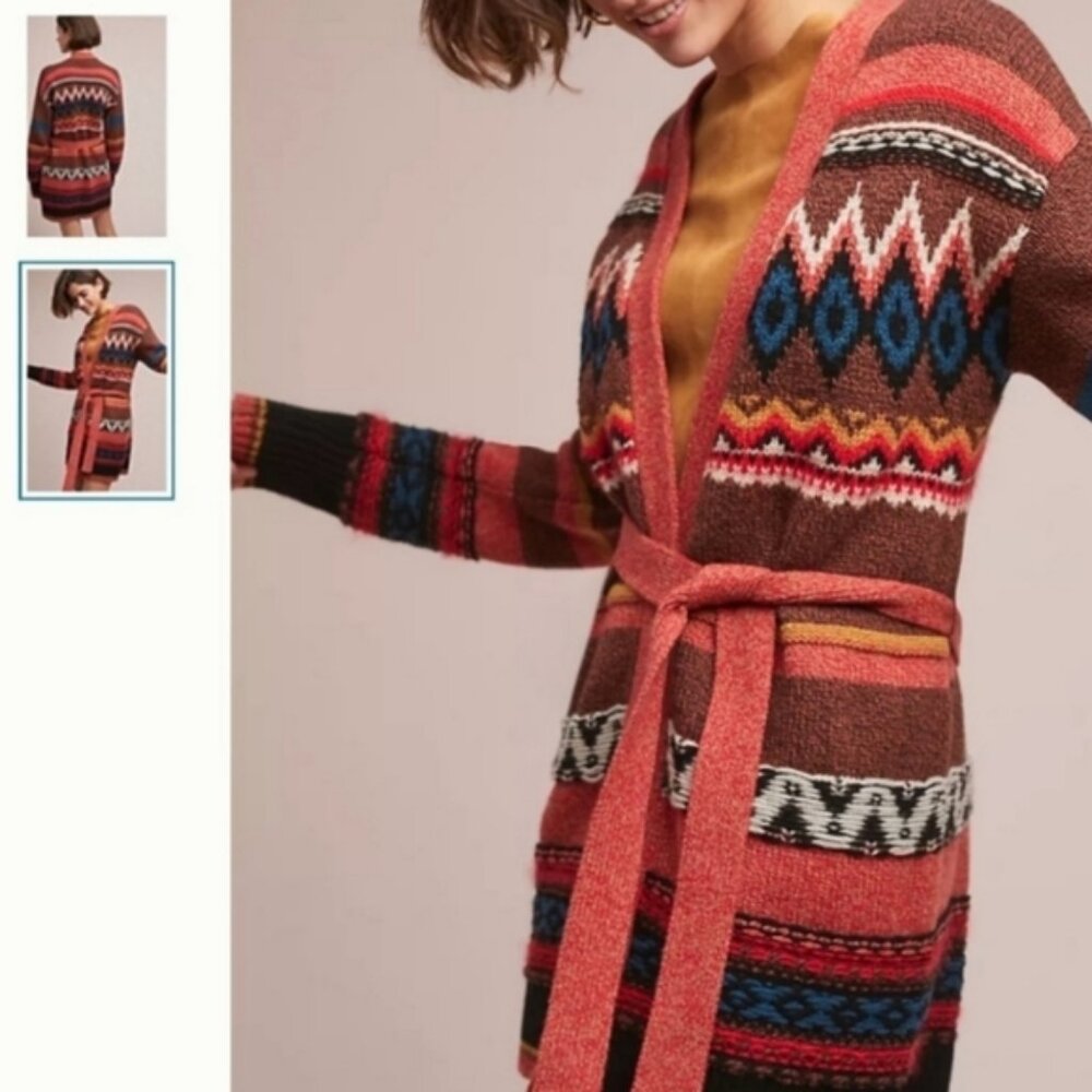 FRYE Sadie Fair Isle 100% Wool Southwestern Belted Duster Boho Cardigan Jacket M